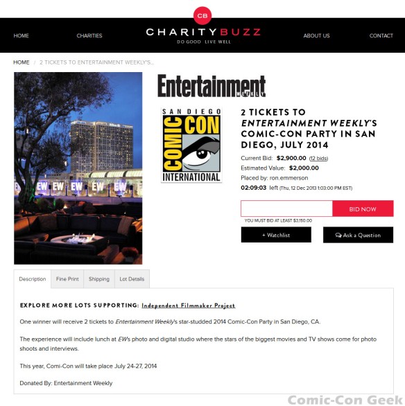 Charity Buzz - Entertainment Weekly - Comic-Con International - SDCC - EW Party - San Diego - Auction